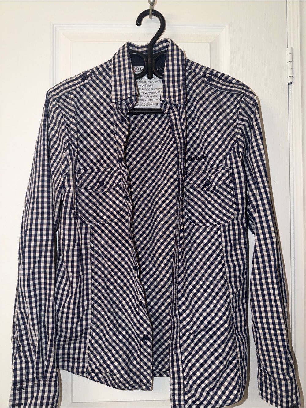 Men's Navy and White Check Long-Sleeve Shirt